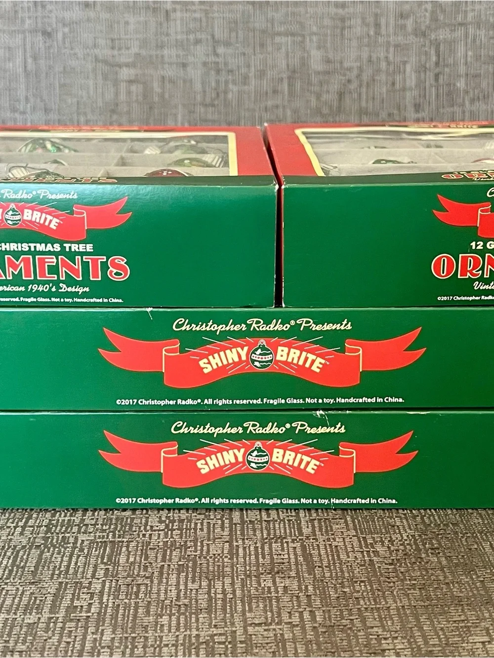 Christopher Radko Red and Green Vintage design ornaments. Lot of 4 boxes